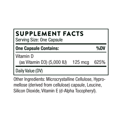 Thorne D-5,000 Vitamin D 60 Capsules supplement facts panel showing 125 mcg (5,000 IU) vitamin D3 per capsule and ingredients
