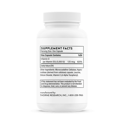 Thorne D-5,000 Vitamin D 60 Capsules bottle back showing supplement facts and ingredient list on white label