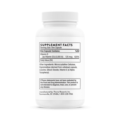 Thorne D-5,000 Vitamin D 120 servings bottle back showing supplement facts and ingredient list on white label