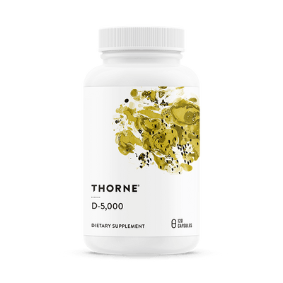 Thorne D-5,000 Vitamin D dietary supplement bottle front, white with yellow abstract design, 120 servings capsules.