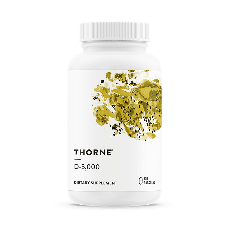 Thorne D-5,000 Vitamin D dietary supplement bottle front, white with yellow abstract design, 120 servings capsules.