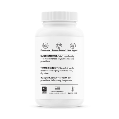 Back of Thorne D-5,000 Vitamin D 120 servings bottle showing usage directions, safety info, and certification icons.