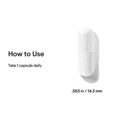 Thorne D-10,000 Vitamin D capsule shown close-up with size (.563 in / 14.3 mm) and usage text “Take 1 capsule daily”