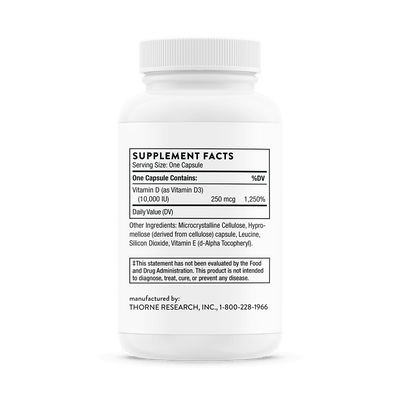 Back of Thorne D-10,000 Vitamin D 60-capsule bottle showing supplement facts and ingredient list in black text on white label