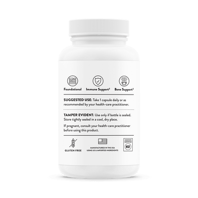 Thorne D-10,000 Vitamin D 60-capsule bottle back showing usage directions, benefits icons, and gluten-free NSF labels