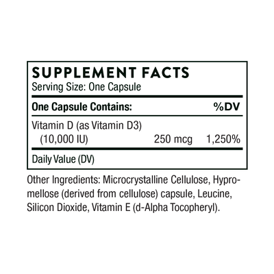 Thorne D-10,000 Vitamin D supplement facts label showing 10,000 IU (250 mcg) vitamin D3 per capsule and other ingredients