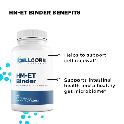 CellCore Biosciences HM-ET Binder bottle front highlighting benefits for cell renewal and intestinal health detox support