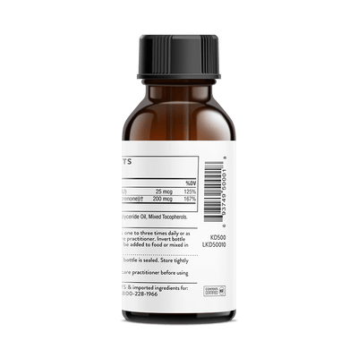 Thorne Vitamin D K2 Liquid 1200 Drops bottle back showing white label with supplement facts and barcode