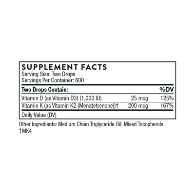Thorne Vitamin D K2 Liquid 1200 Drops supplement facts label showing per-serving amounts and ingredients list