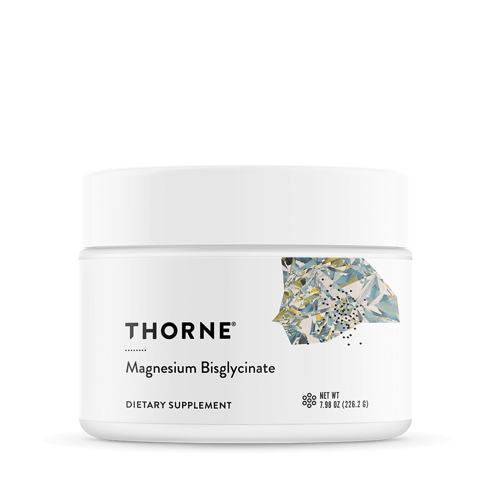 Thorne Magnesium Bisglycinate dietary supplement in a white jar with abstract geometric label design