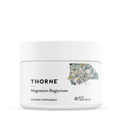 Thorne Magnesium Bisglycinate dietary supplement in a white jar with abstract geometric label design