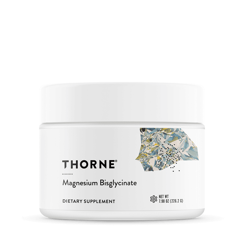 Thorne Magnesium Bisglycinate dietary supplement in a white jar with abstract geometric label design