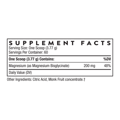 Thorne Magnesium Bisglycinate supplement facts panel showing 200 mg magnesium per 3.77 g scoop and other ingredients