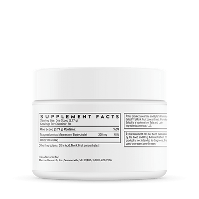 Thorne Magnesium Bisglycinate powder white jar showing back label with supplement facts and ingredient information