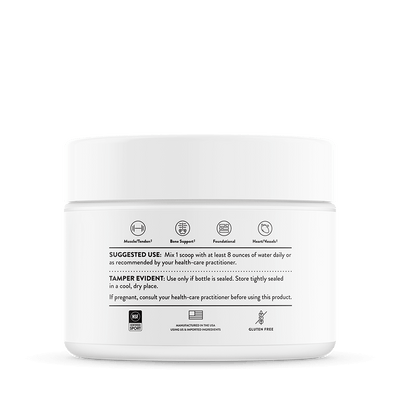 Thorne Magnesium Bisglycinate white tub back label showing suggested use, benefits icons, and certification logos