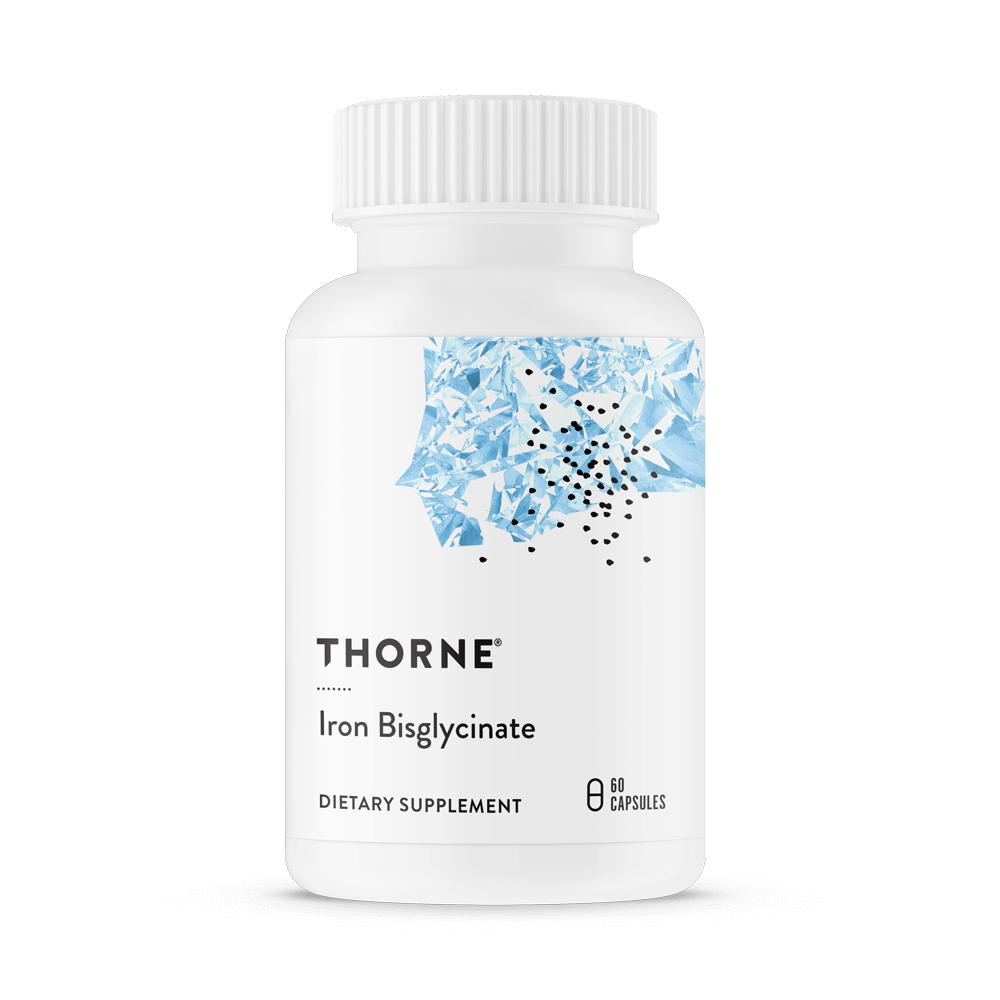 Thorne Iron Bisglycinate 60 capsules bottle front with white label and blue abstract crystal design