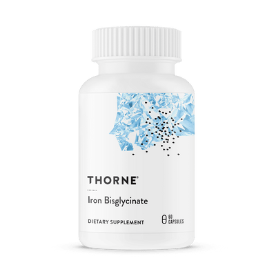 Thorne Iron Bisglycinate 60 capsules bottle front with white label and blue abstract crystal design