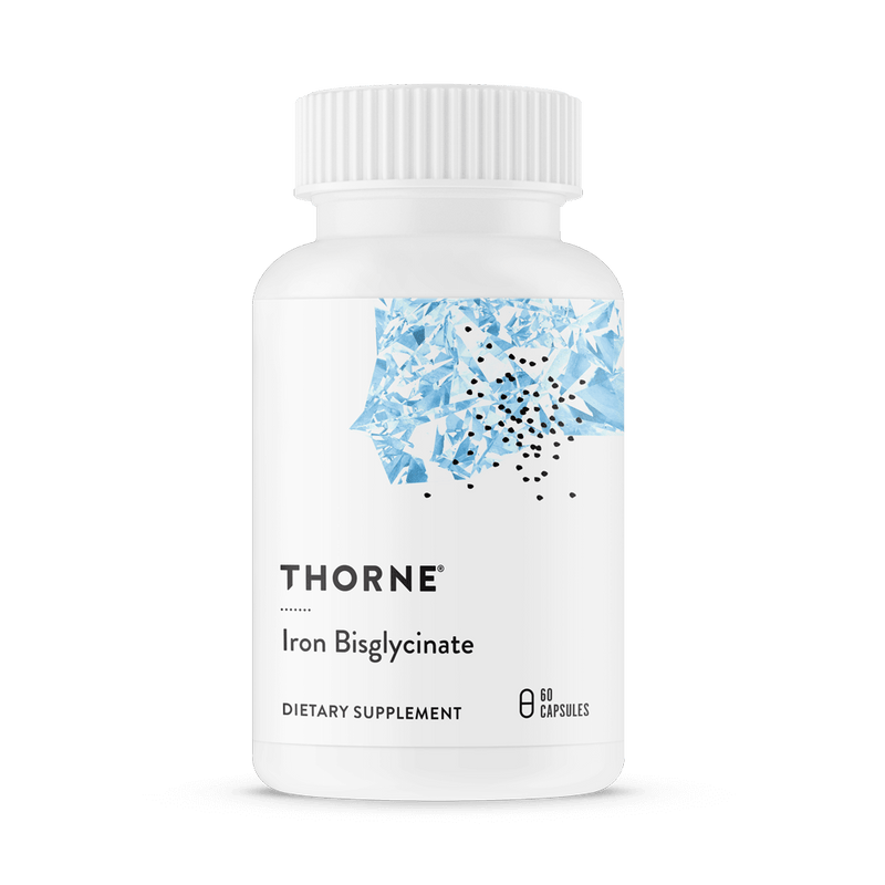 Thorne Iron Bisglycinate 60 capsules bottle front with white label and blue abstract crystal design