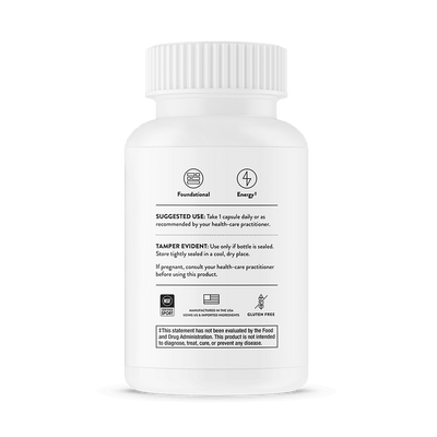 Thorne Iron Bisglycinate 60 Capsules bottle back label showing usage directions, safety, and certification icons