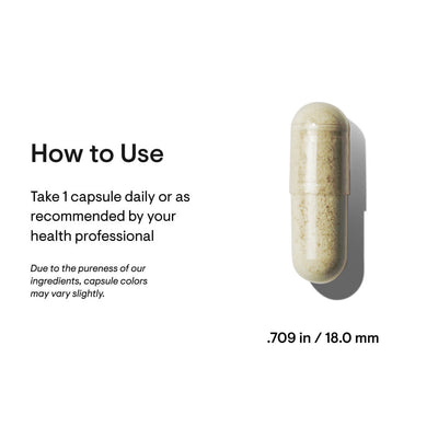 Thorne Iron Bisglycinate single beige capsule shown with usage directions and capsule size measurement on white background