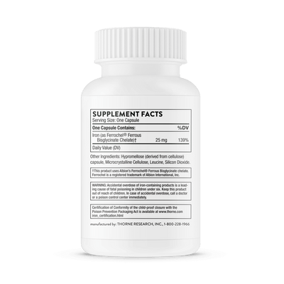 Back of Thorne Iron Bisglycinate 60-capsule bottle showing supplement facts and ingredient details on white label