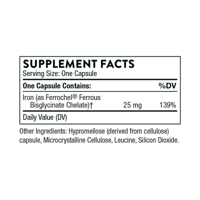 Thorne Iron Bisglycinate 60 Capsules supplement facts panel showing 25 mg iron (ferrous bisglycinate chelate) per serving