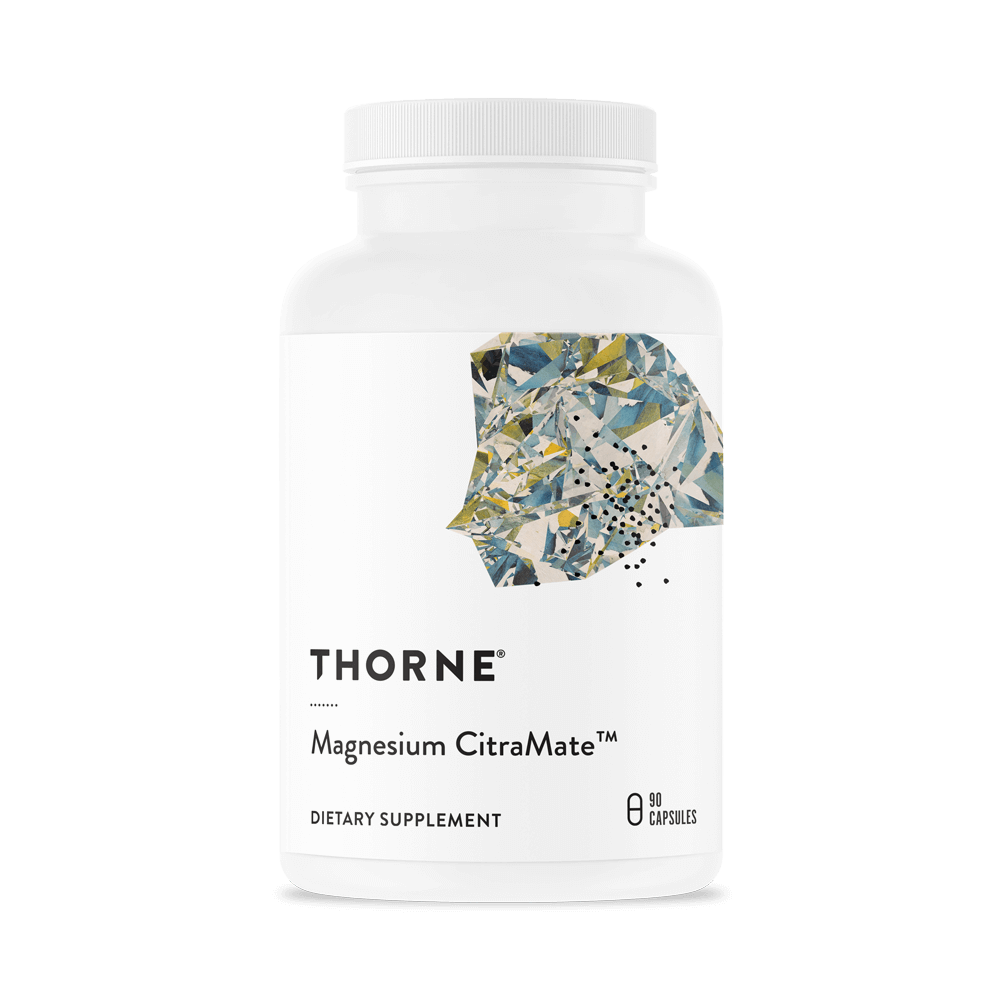 Thorne Magnesium CitraMate 90 capsules bottle front with white label and abstract multicolor design