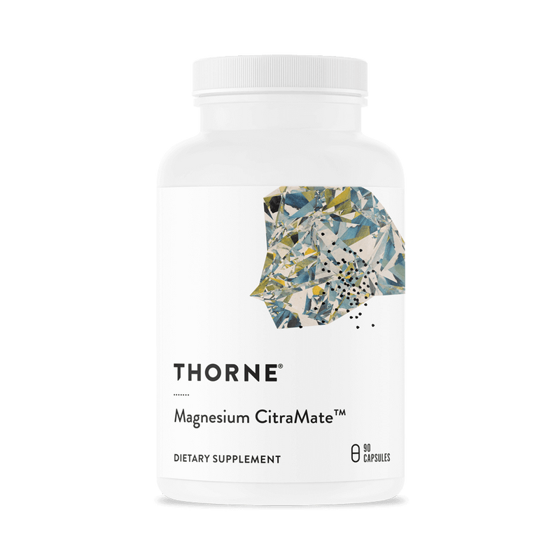 Thorne Magnesium CitraMate 90 capsules bottle front with white label and abstract multicolor design