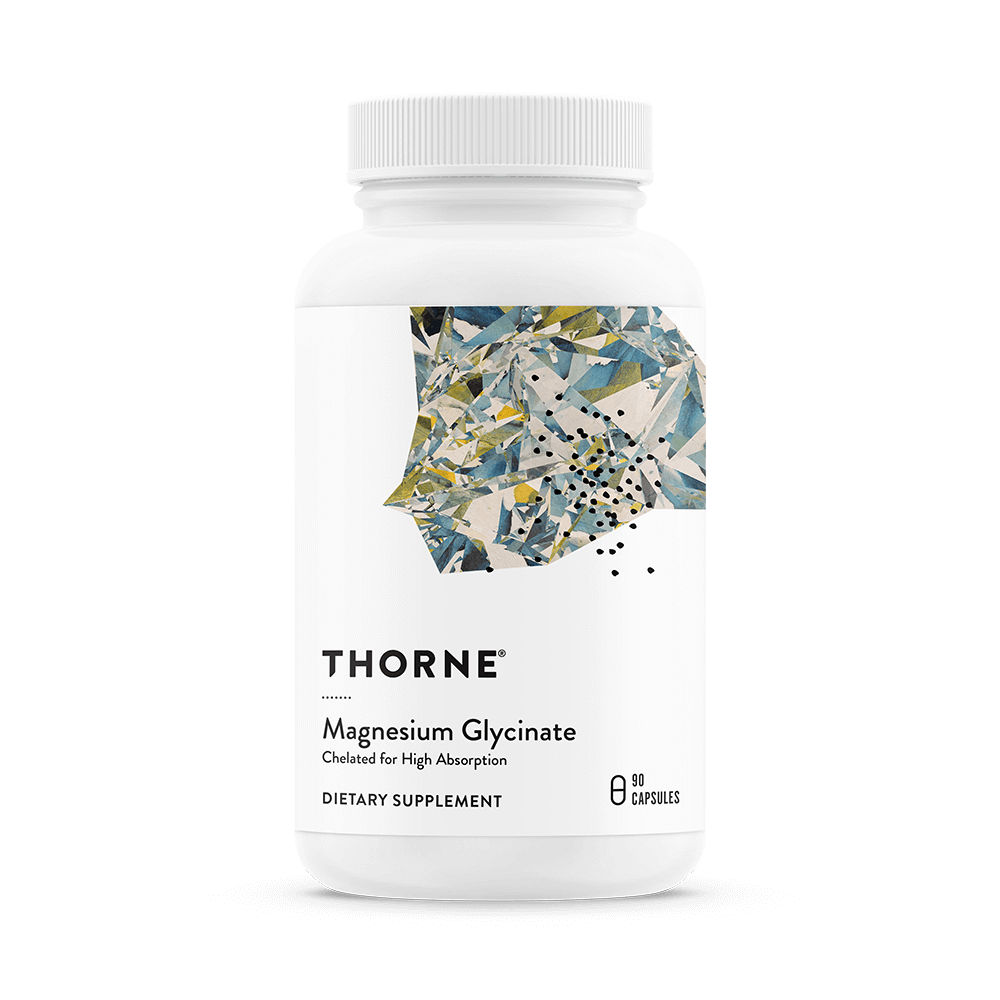 Thorne Magnesium Glycinate 90 Capsules bottle front with white label and abstract geometric design