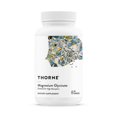 Thorne Magnesium Glycinate 90 Capsules bottle front with white label and abstract geometric design