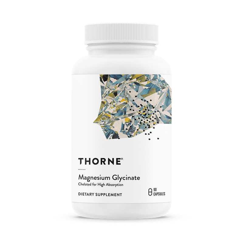 Thorne Magnesium Glycinate 90 Capsules bottle front with white label and abstract geometric design