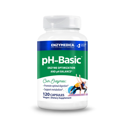 Enzymedica pH-Basic 120 Capsules bottle front, green and white label with enzyme optimization and pH balance claims