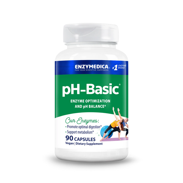 Enzymedica pH-Basic 90 Capsules bottle front, green and white label with enzyme and pH balance claims and yoga graphic