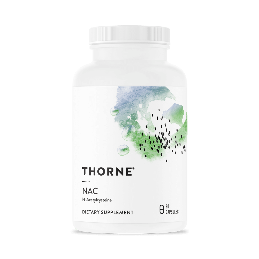 Thorne NAC (N-Acetylcysteine) 90 capsules bottle front with white label and green abstract design