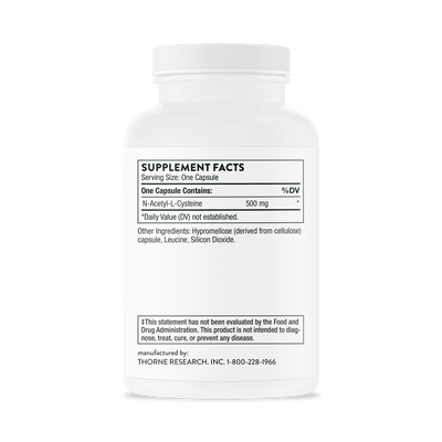 Thorne NAC (N-Acetylcysteine) 90 capsules bottle back showing supplement facts panel and ingredient details