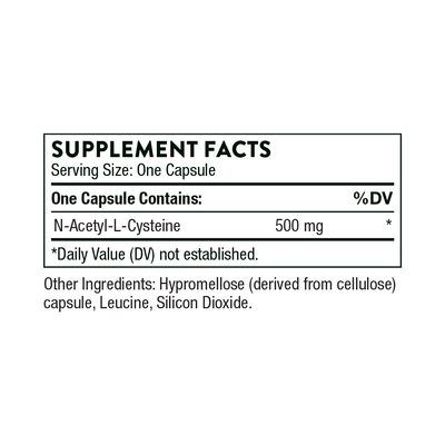 Thorne NAC (N-Acetylcysteine) 90 capsules supplement facts label showing 500 mg NAC per capsule and other ingredients