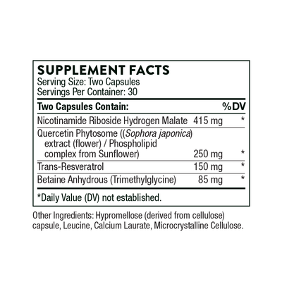 Thorne ResveraCel 60 Capsules supplement facts label listing active ingredients and amounts per two-capsule serving