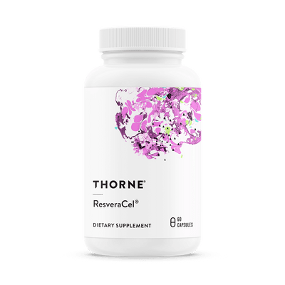 Thorne ResveraCel 60 Capsules bottle front with white label and pink abstract design