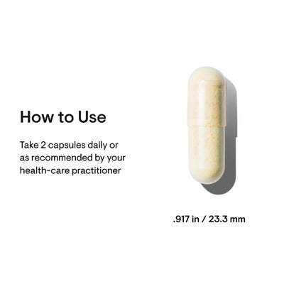 Thorne ResveraCel capsule close-up with usage directions to take 2 capsules daily and size listed as 0.917 in / 23.3 mm