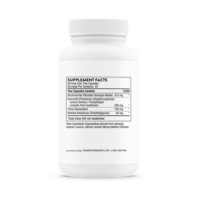 Thorne ResveraCel 60 Capsules bottle back showing white packaging with detailed supplement facts label
