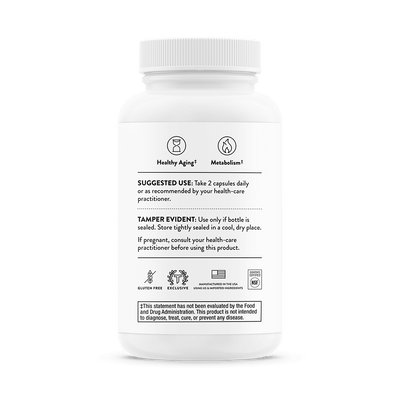 Thorne ResveraCel 60 Capsules bottle back label showing usage directions, health claims, and certification icons