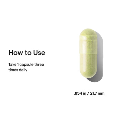 Thorne Quercetin Complex 60 Capsules close-up of one green capsule with use directions and size (.854 in / 21.7 mm).