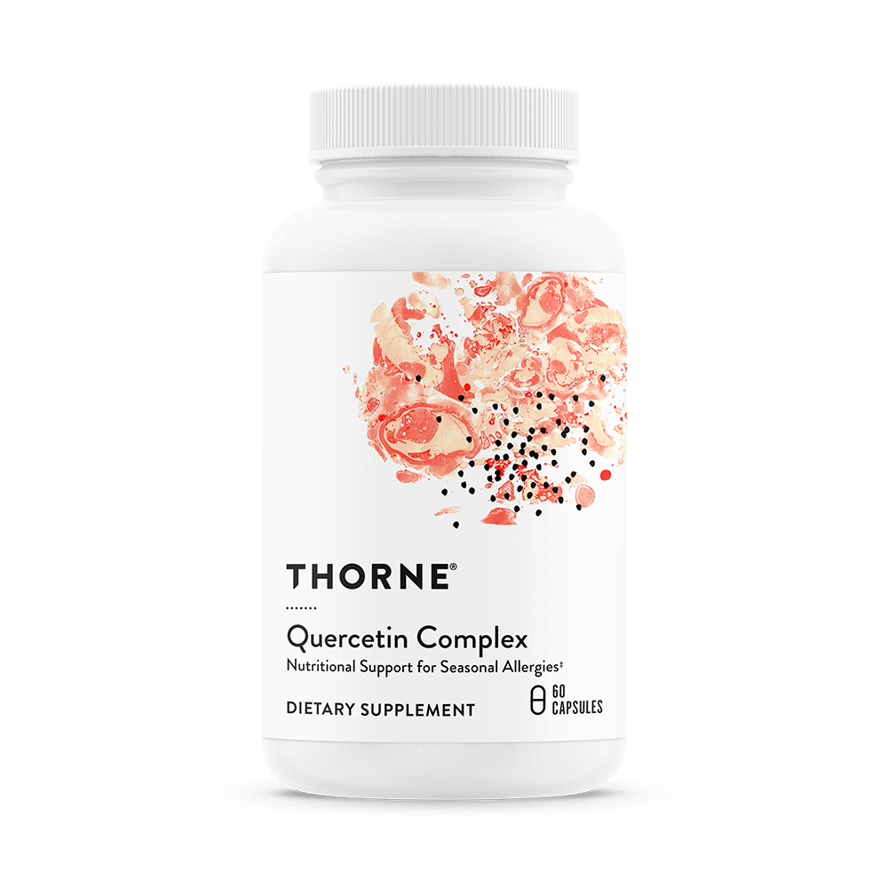 Thorne Quercetin Complex 60 capsules bottle front with white label and red abstract design