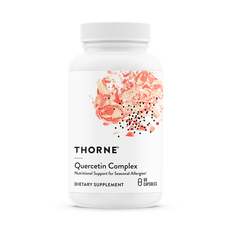Thorne Quercetin Complex 60 capsules bottle front with white label and red abstract design