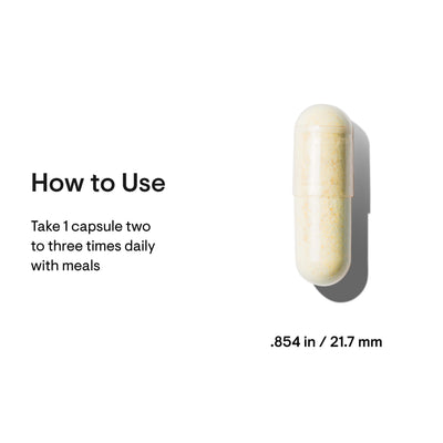 Thorne Quercetin Phytosome capsule close-up with size (.854 in / 21.7 mm) and usage directions text on white background