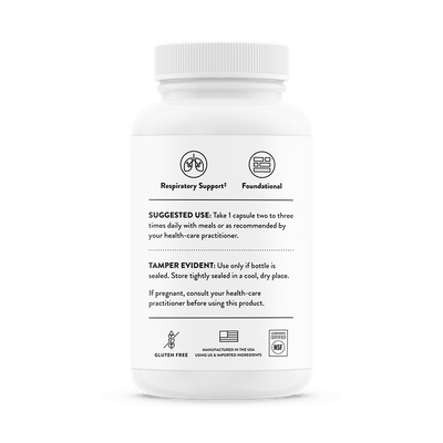 Thorne Quercetin Phytosome 60 Capsules bottle back showing usage directions, respiratory support icons, and gluten-free label