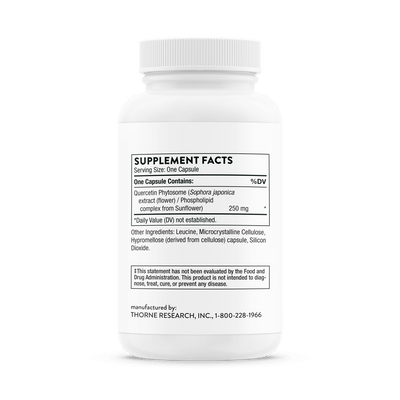 Thorne Quercetin Phytosome 60 Capsules bottle back showing supplement facts and ingredient list on white label.