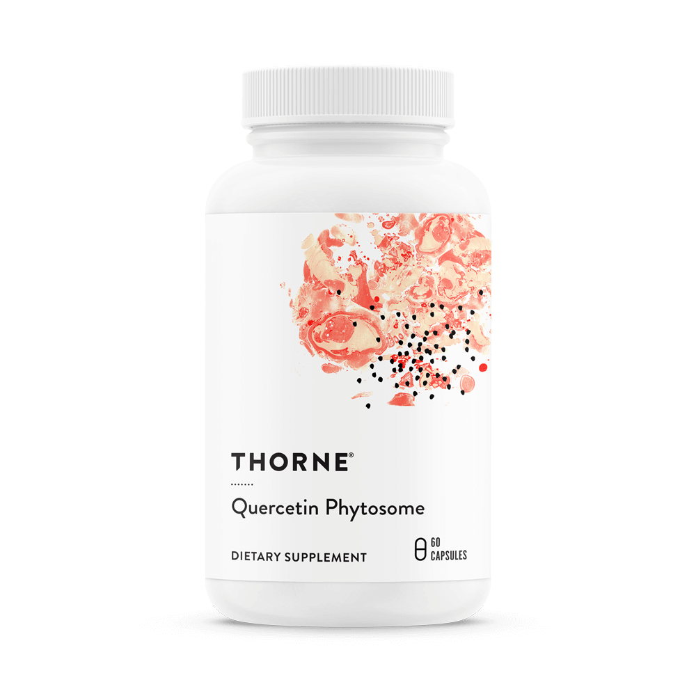 Thorne Quercetin Phytosome 60-capsule bottle front with white label and red abstract design