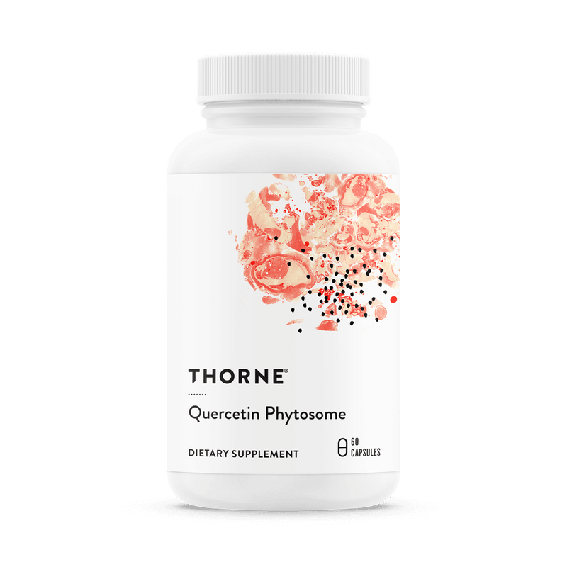 Thorne Quercetin Phytosome 60-capsule bottle front with white label and red abstract design