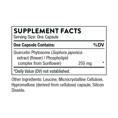Thorne Quercetin Phytosome 60 Capsules supplement facts label showing 250 mg quercetin phytosome per capsule and other ingredients